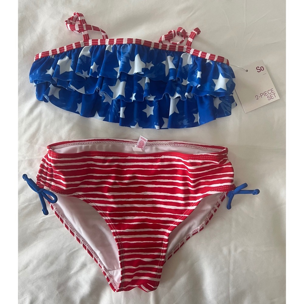 So Girls 12 2 Piece Bikini Set Red White Stripes Blue Stars Ruffle UV Protection